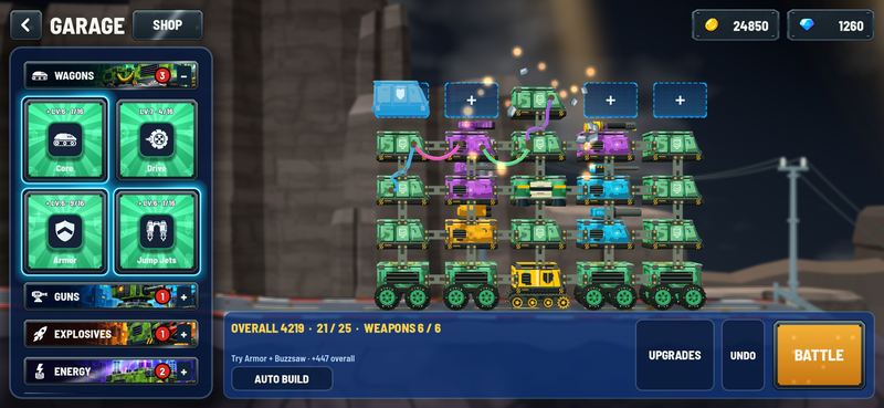 The garage: a train being built from wagon and weapon cards