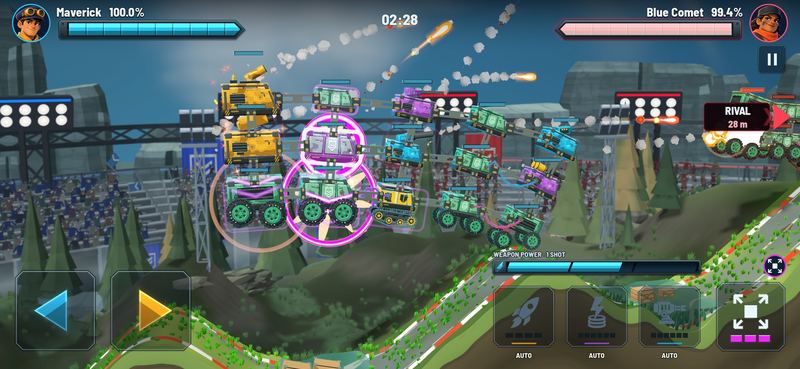 A train picking up the giant power-up in Verdant Gorge